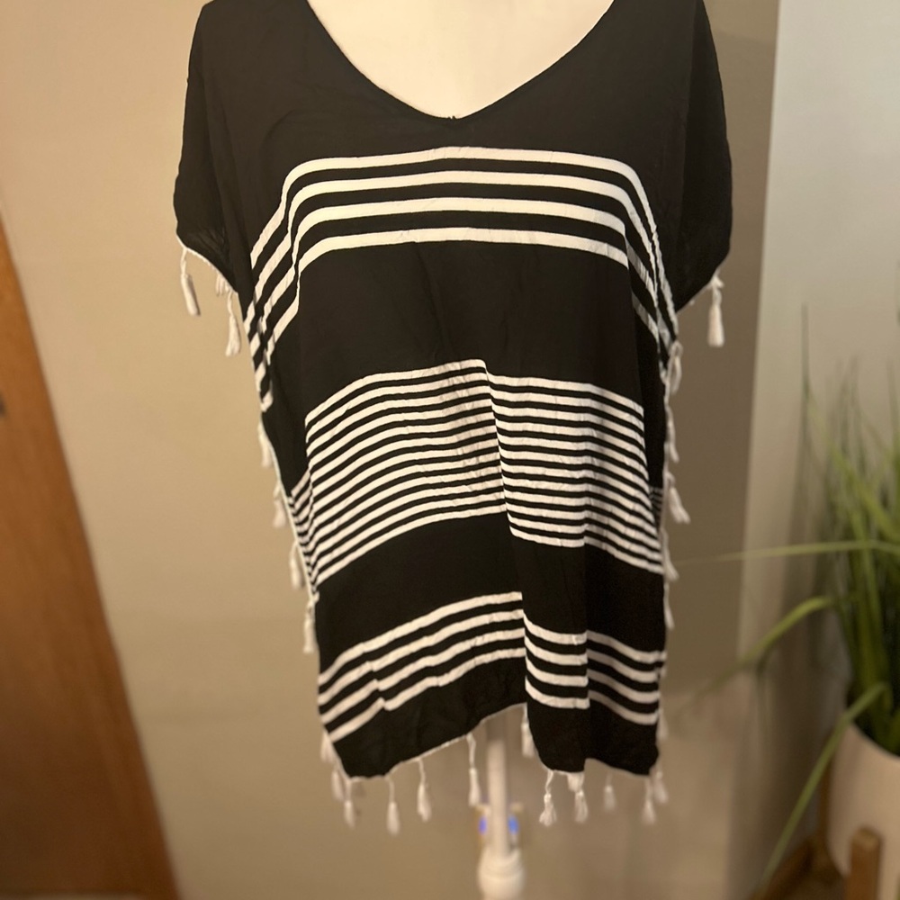 Black White Striped Kaftan Swim Cover Up Tassel Tunic Beach Resort Small - Picture 3 of 10
